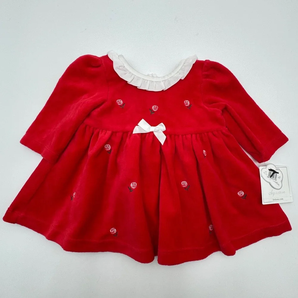 NEW Little Me Baby Girls 3 Months‎ Dress and Tights Set Red Festive Roses Velour